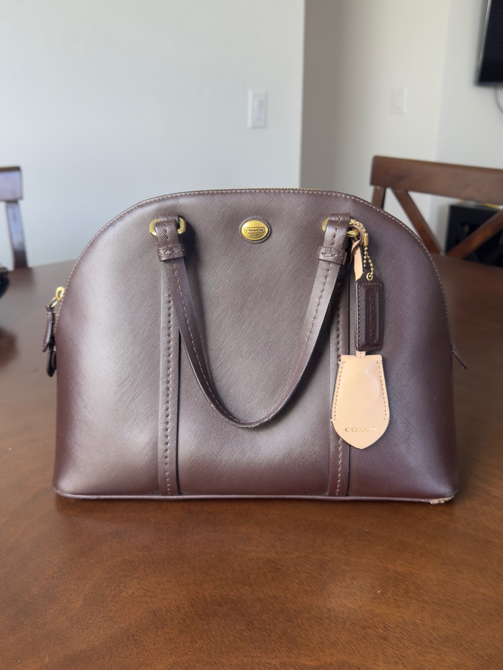 COACH Brown Leather Dome Satchel with Tan Contrast Tag